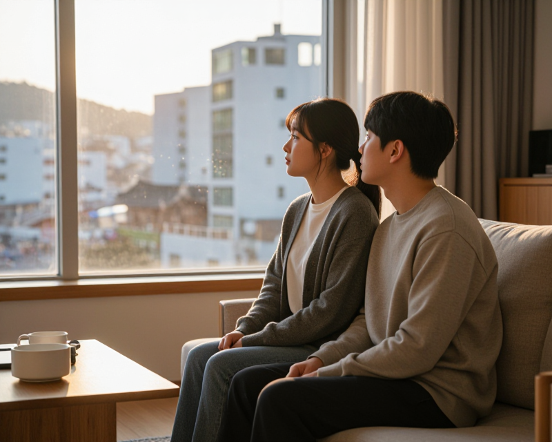 A warm scene of a newlywed couple in a new home